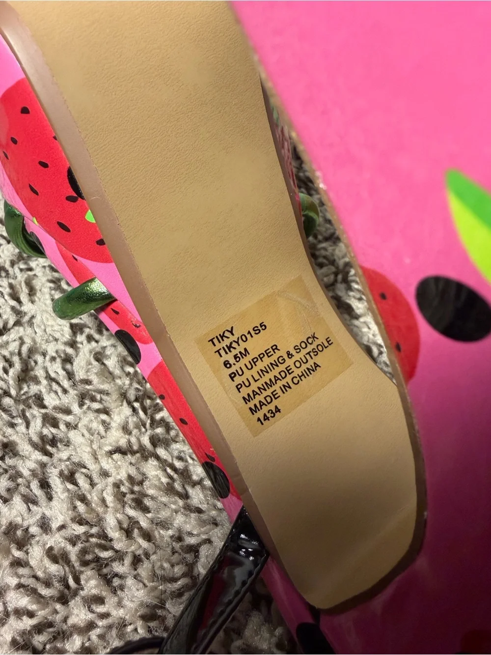 Betsey Johnson Pink Strawberry-Print Platform Sandals with Green Straps